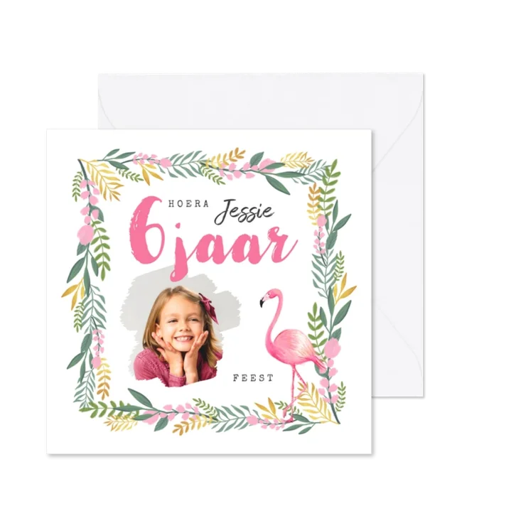 Uitnodiging kinderfeestje meisje flamingo tropisch