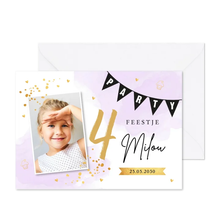 Uitnodiging kinderfeestje meisje foto paars waterverf