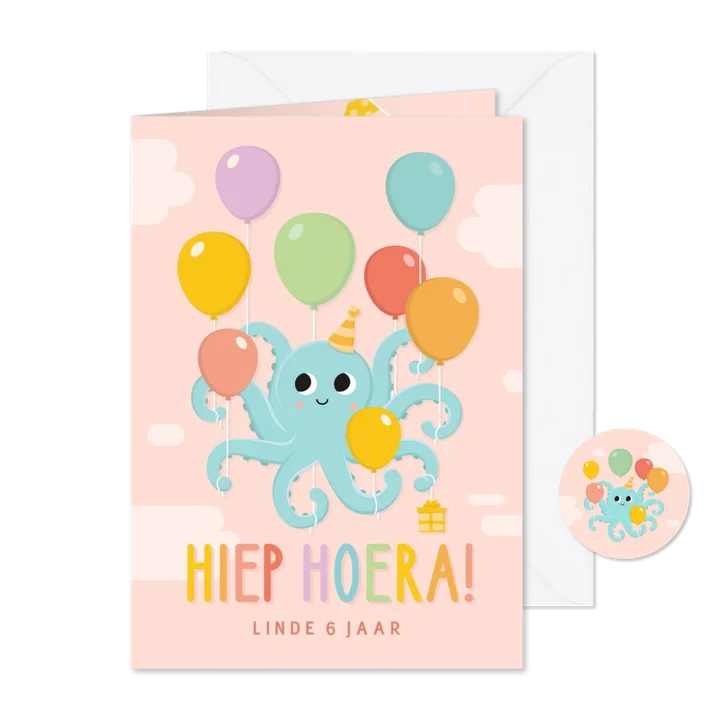 Uitnodiging kinderfeestje meisje met octopus met ballonnen