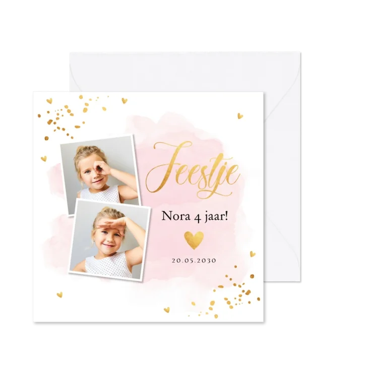 Uitnodiging kinderfeestje meisje roze waterverf goudlook