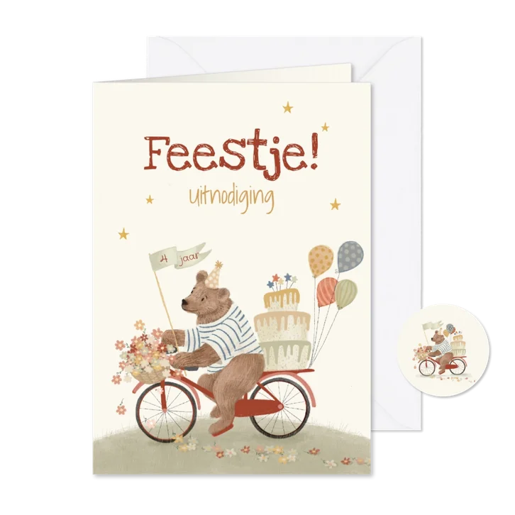 Uitnodiging kinderfeestje met beertje op weg naar feestje!