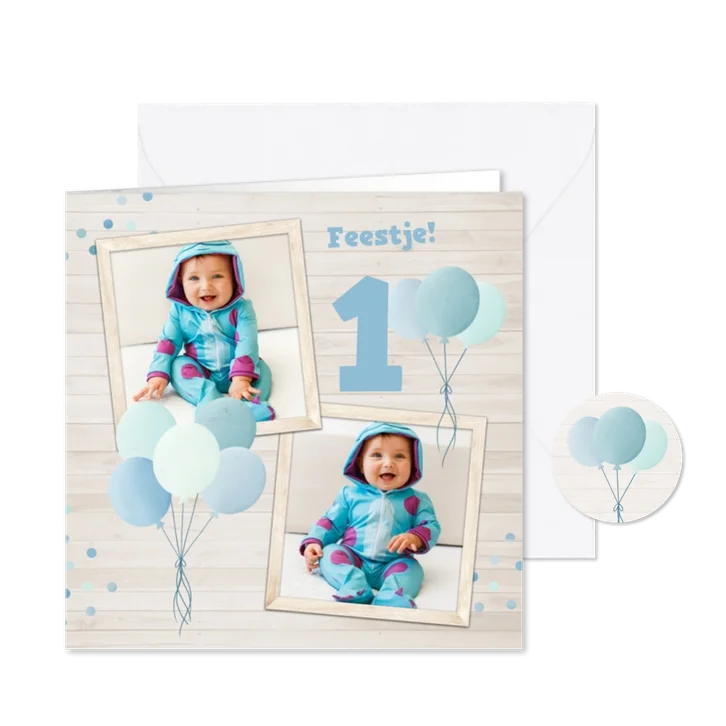 Uitnodiging kinderfeestje met blauw ballonnen en twee foto's