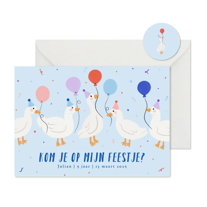 Uitnodiging kinderfeestje met gansjes ballonnen jongen