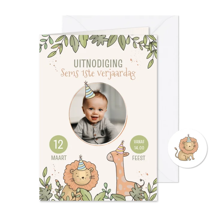 Uitnodiging kinderfeestje met leeuw en giraf