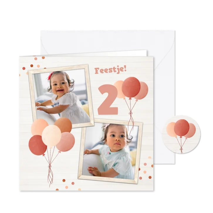 Uitnodiging kinderfeestje met roze ballonnen en twee foto's