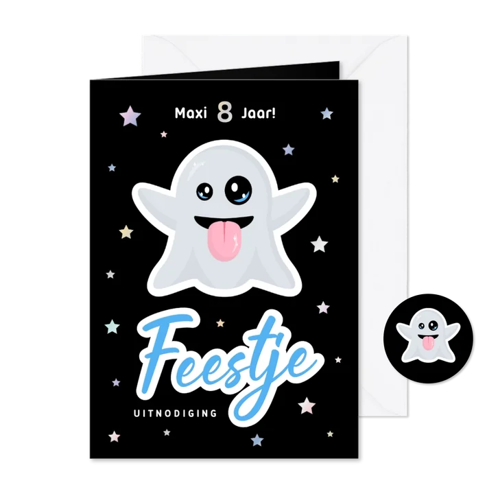 Uitnodiging kinderfeestje met spookje en sterren zwart