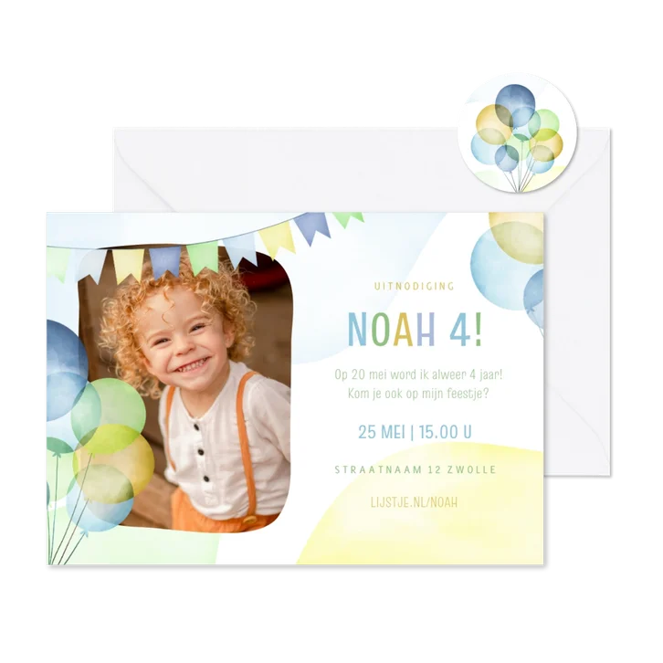 Uitnodiging kinderfeestje met vrolijke ballonnen