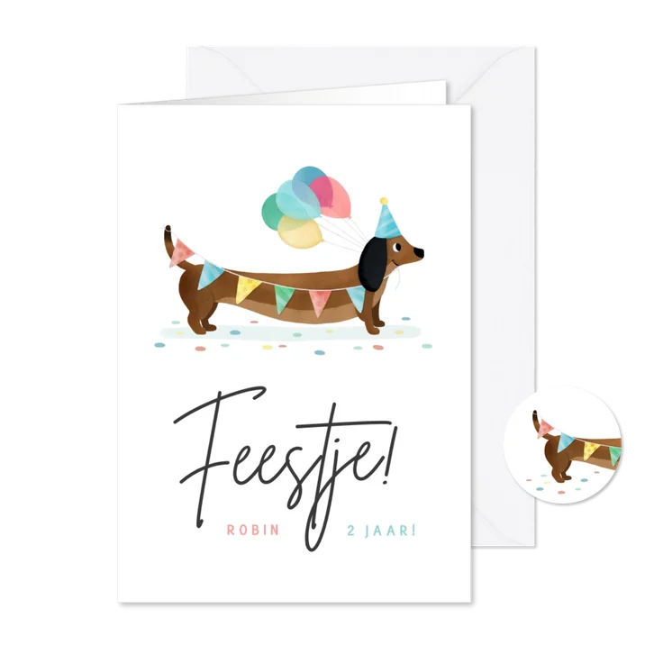 Uitnodiging kinderfeestje met vrolijke teckel met ballonnen