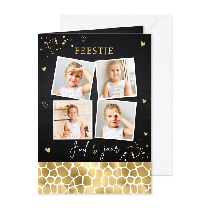 Uitnodiging kinderfeestje panterprint goudlook fotocollage