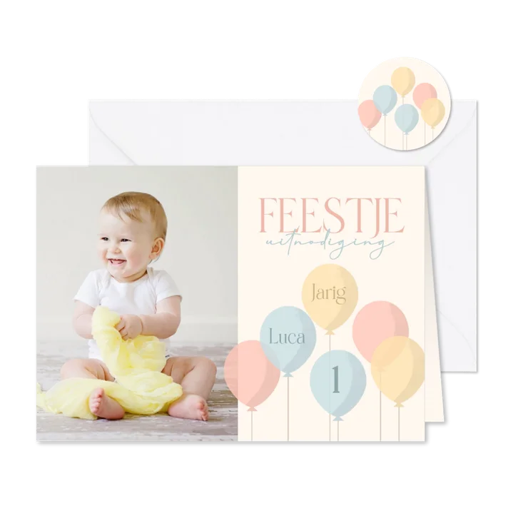 Uitnodiging kinderfeestje peuter met pastel ballonnen