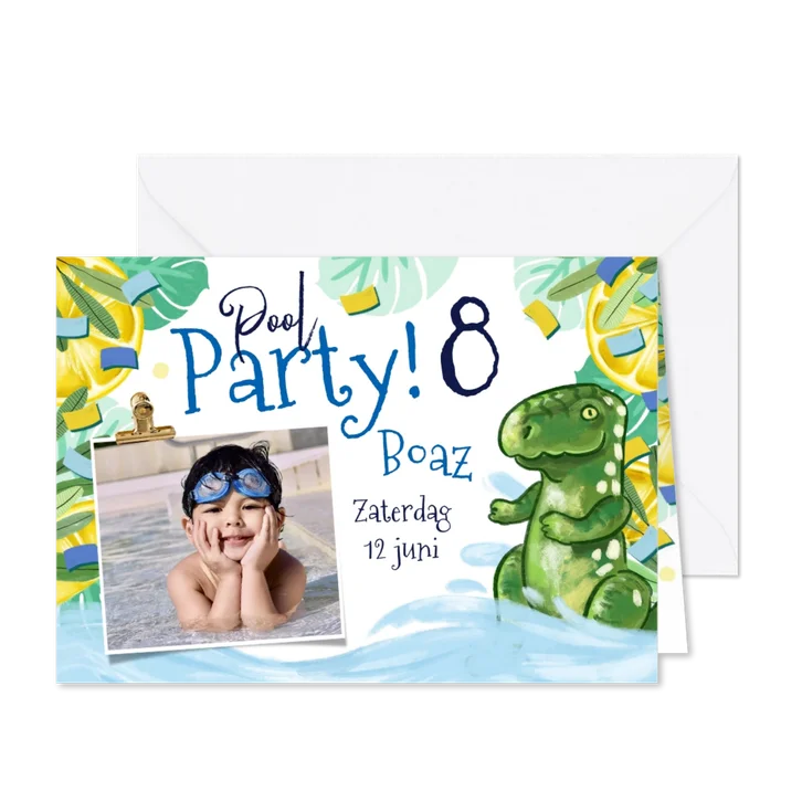 Uitnodiging kinderfeestje 'Pool Party' tropisch dino foto