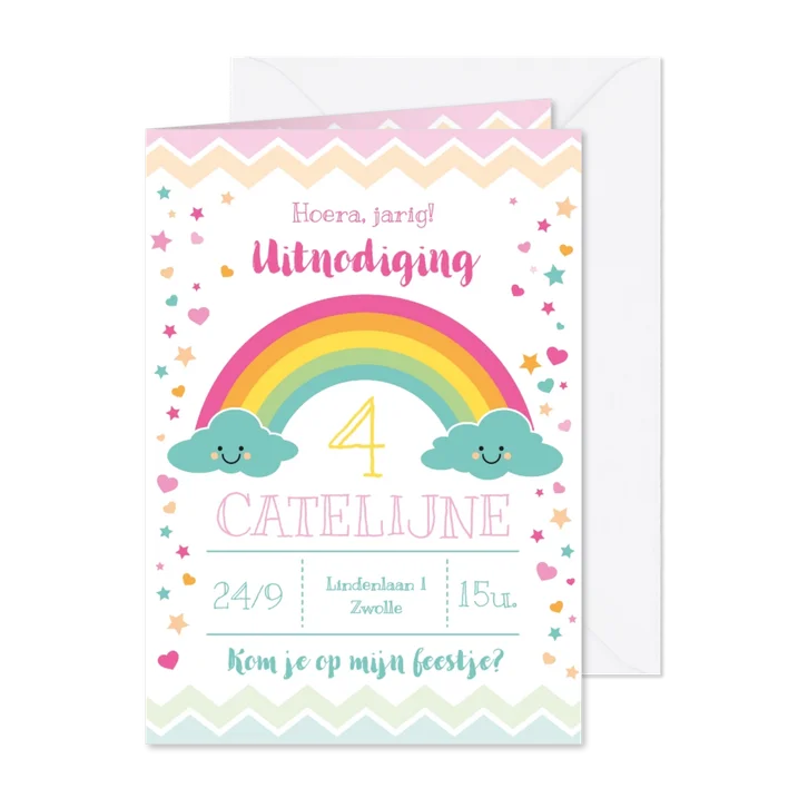Uitnodiging kinderfeestje regenboog & wolkjes