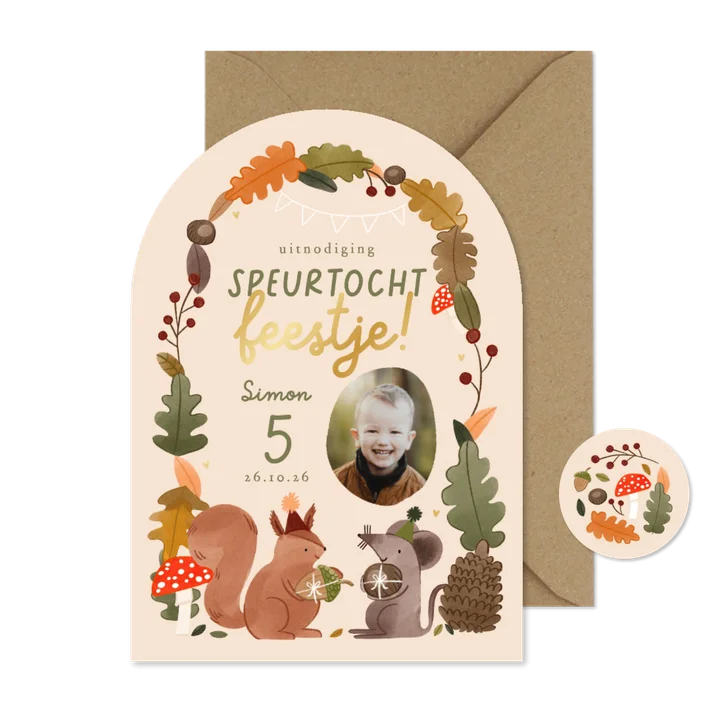 Uitnodiging kinderfeestje speurtocht feestje bos herfst goud