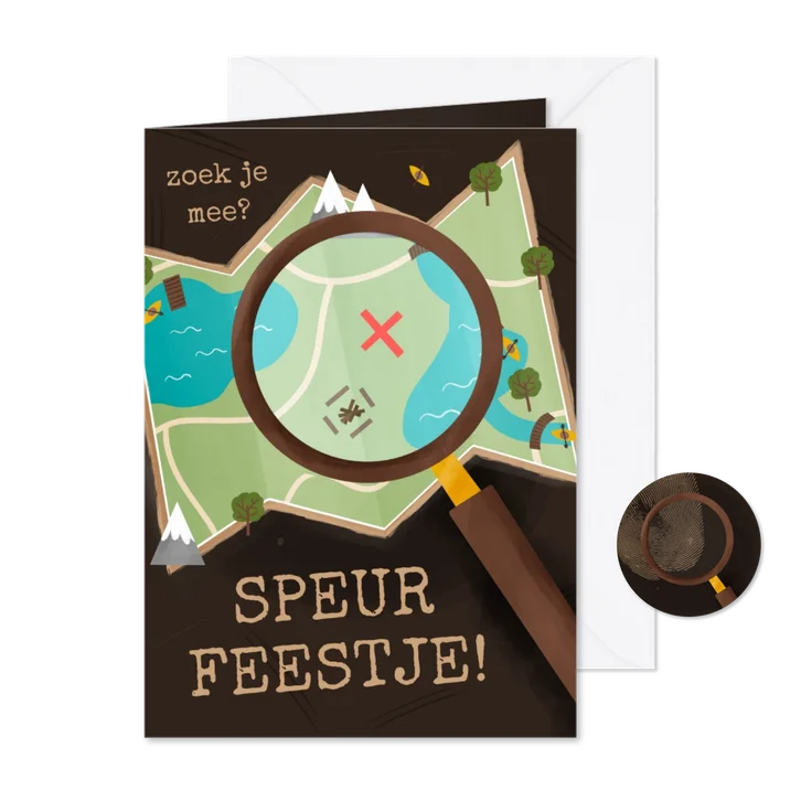 Uitnodiging kinderfeestje speurtocht landkaart loep