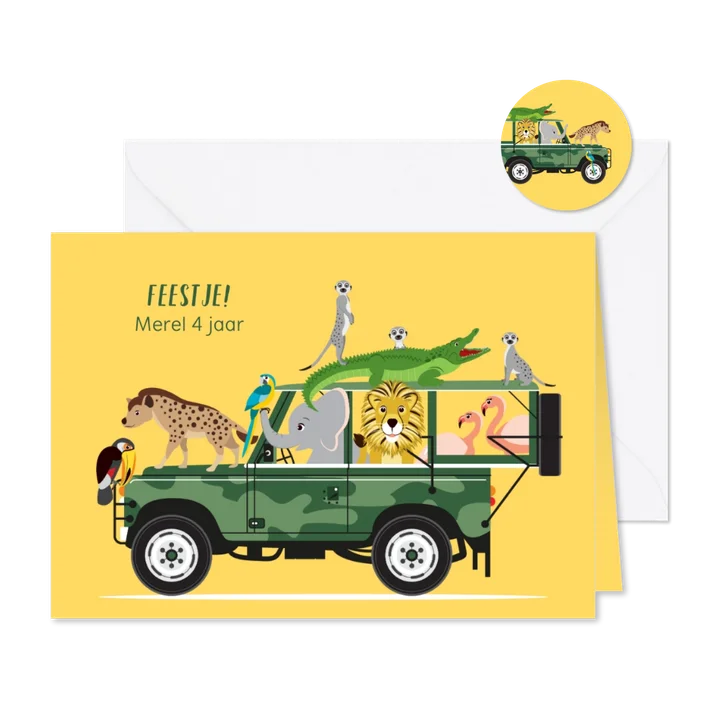 Uitnodiging kinderfeestje vanuit een stoere jeep
