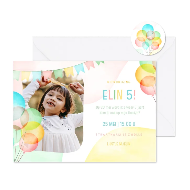 Uitnodiging kinderfeestje vrolijk met ballonnen pastel