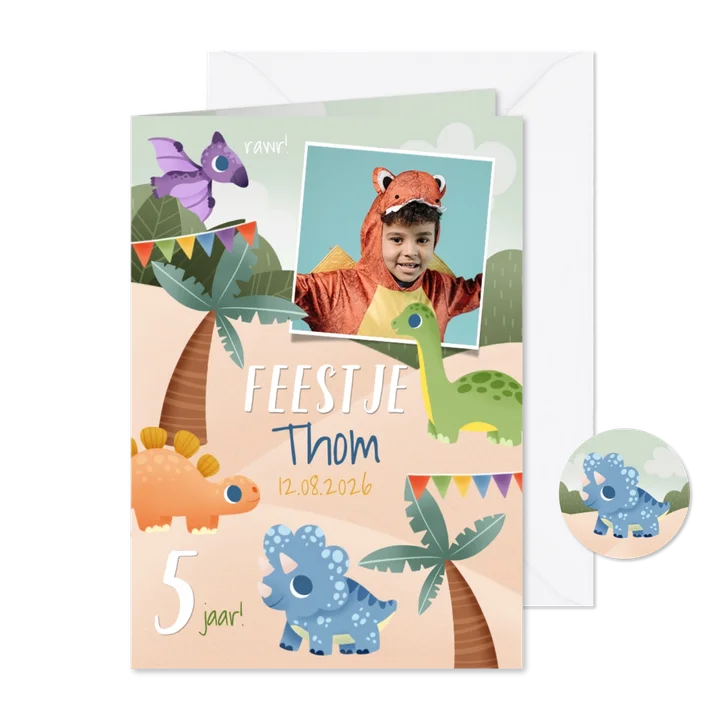 Uitnodiging kinderfeestjes dino's jungle, slingers en foto