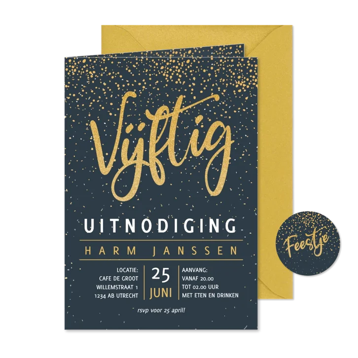 Uitnodiging kleine glitters goudlook met wit en teksten 