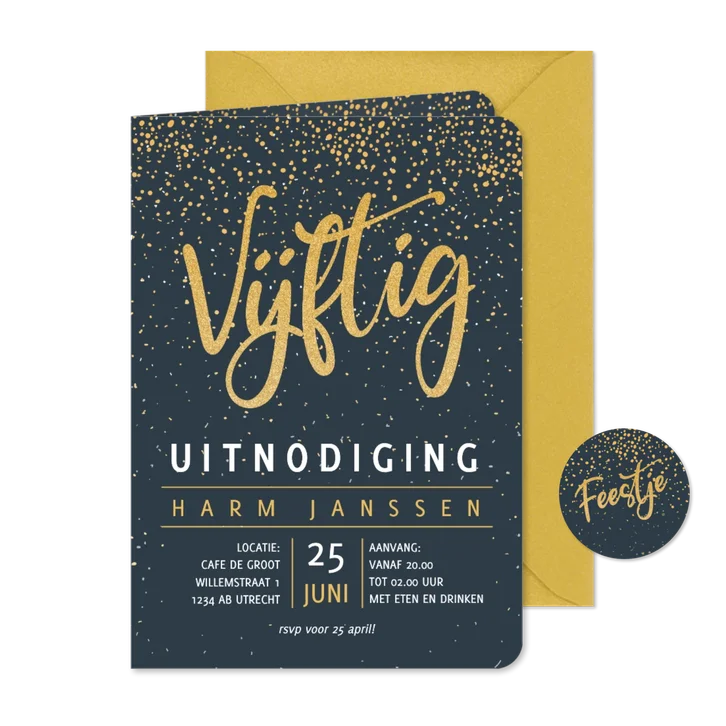 Uitnodiging kleine glitters goudlook met wit en teksten 