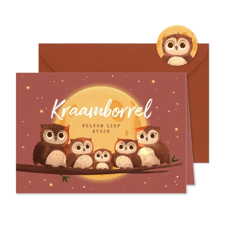 Uitnodiging kraamborrel derde kindje uilen familie