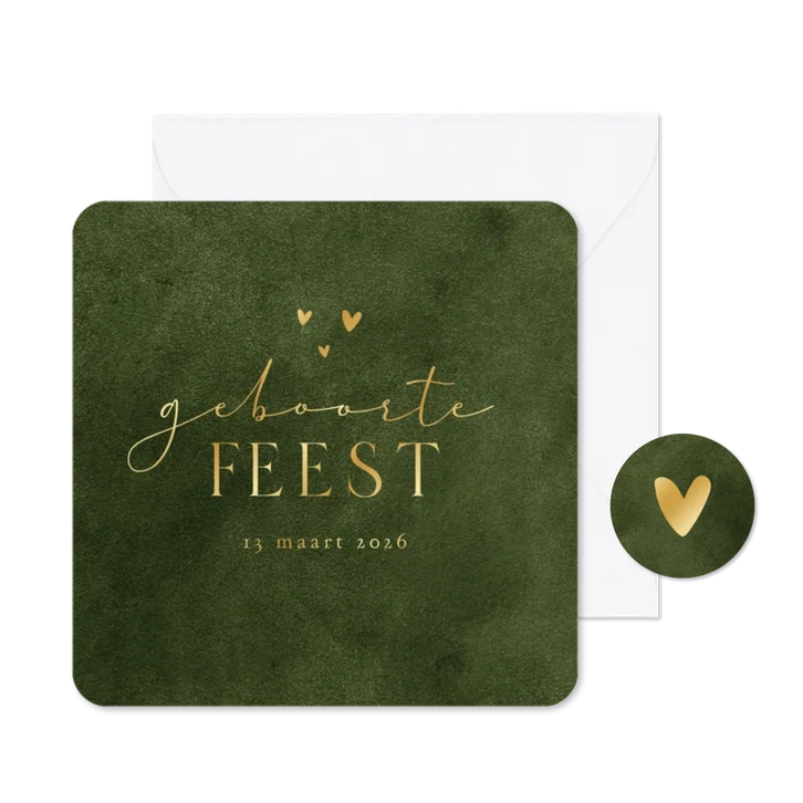 Uitnodiging kraamborrel velvet look groen natuurlijk hartje