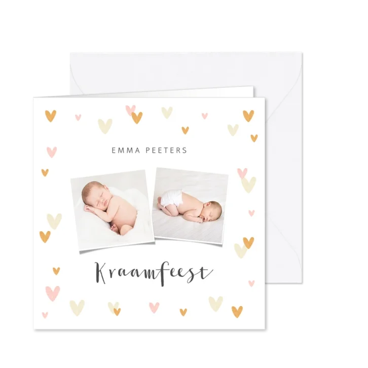 Uitnodiging kraamfeest baby meisje hartjes foto's