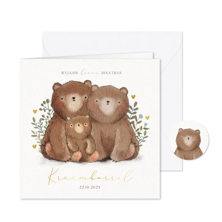 Uitnodiging kraamfeest berenfamilie plantjes & hartjes