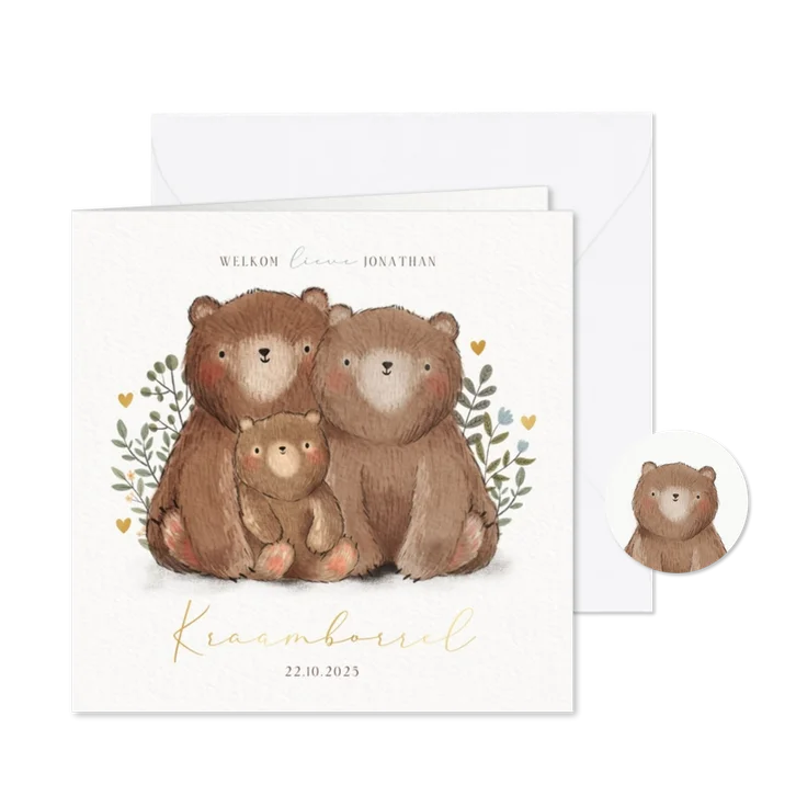 Uitnodiging kraamfeest berenfamilie plantjes & hartjes