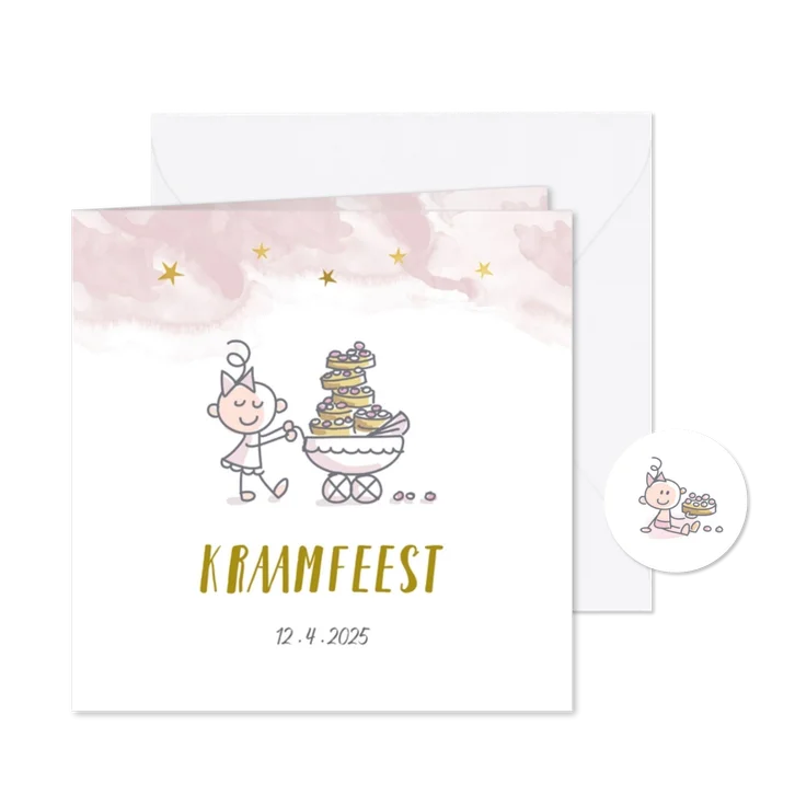 Uitnodiging kraamfeest kinderwagen en beschuit met muisjes