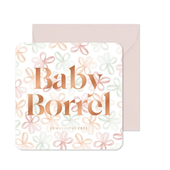 Uitnodiging kraamfeest met patroon van gekleurde bloemetjes