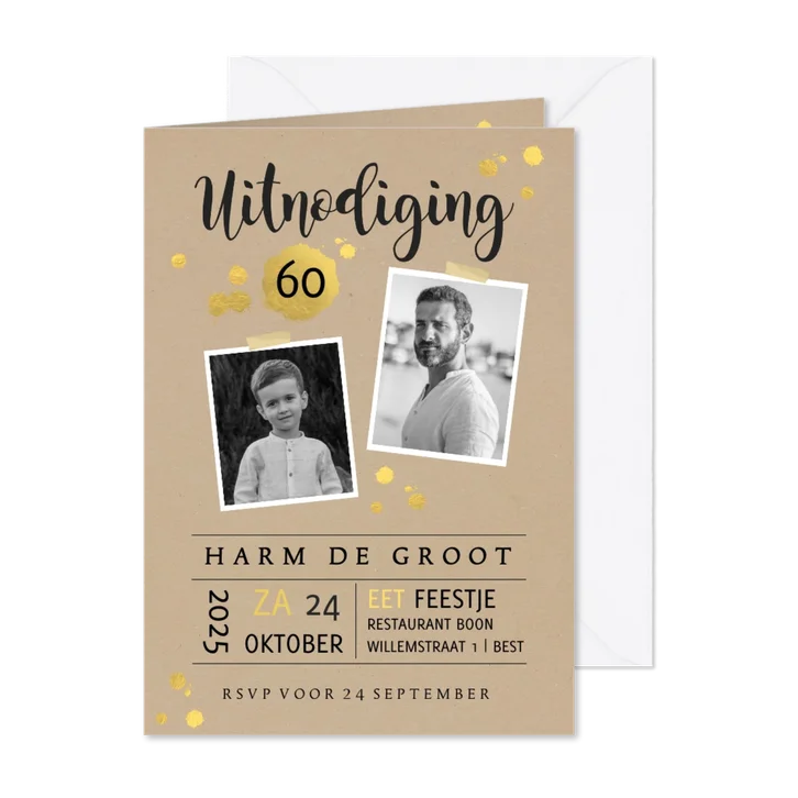 Uitnodiging kraftlook met goudlook 
