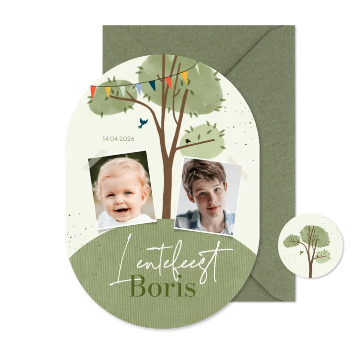 Uitnodiging lentefeest boom en aardbol met 2 foto's