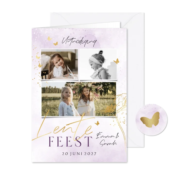 Uitnodiging lentefeest collage watercolour vlinder goud