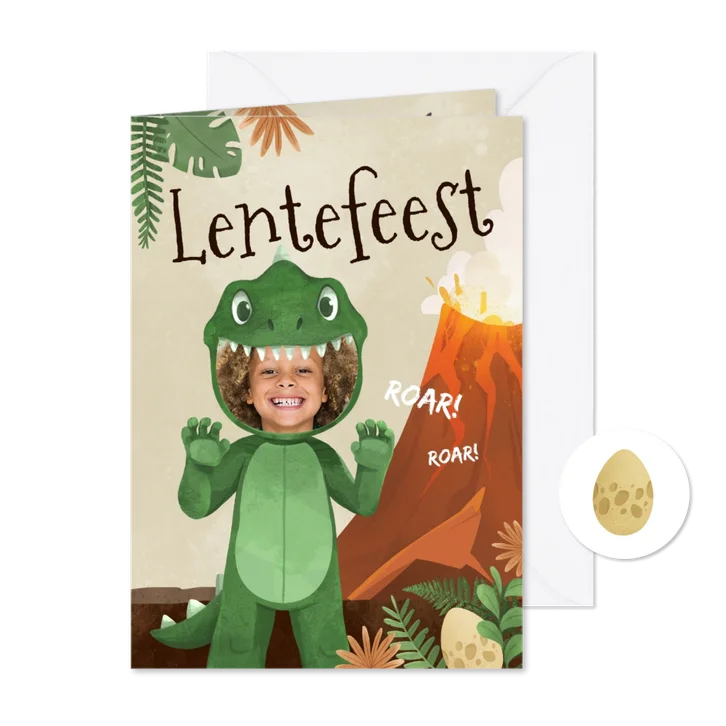 Uitnodiging lentefeest dino kostuum dinosaurussen