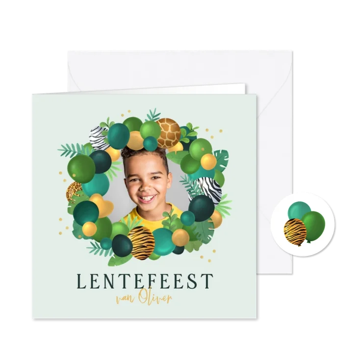 Uitnodiging lentefeest jungle ballonnen giraf zebra tijger