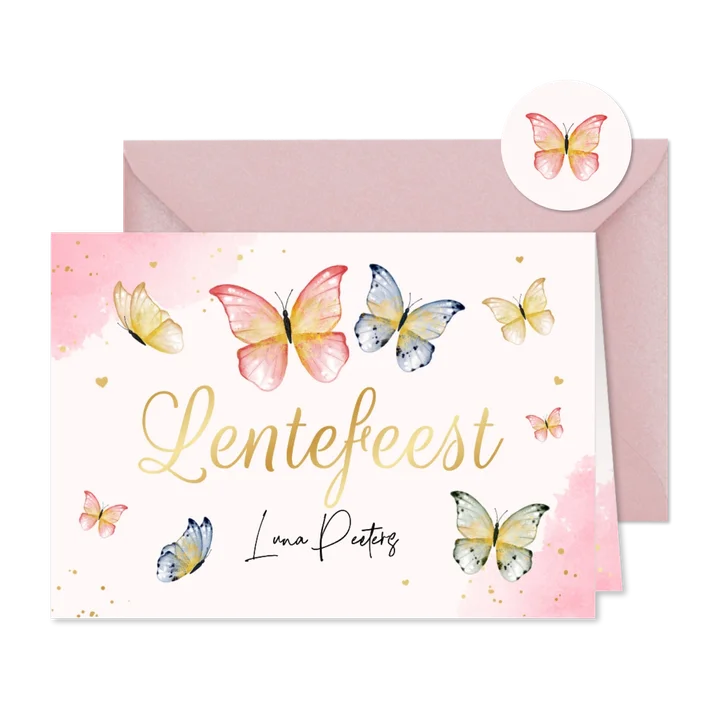 Uitnodiging lentefeest meisje roze waterverf foto vlinders