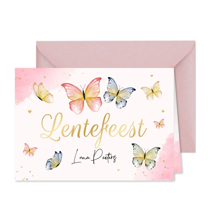 Uitnodiging lentefeest meisje roze waterverf foto vlinders