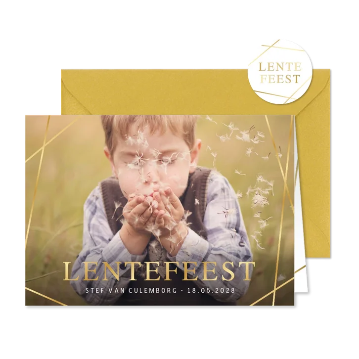 Uitnodiging lentefeest met eigen foto en geometrische lijnen