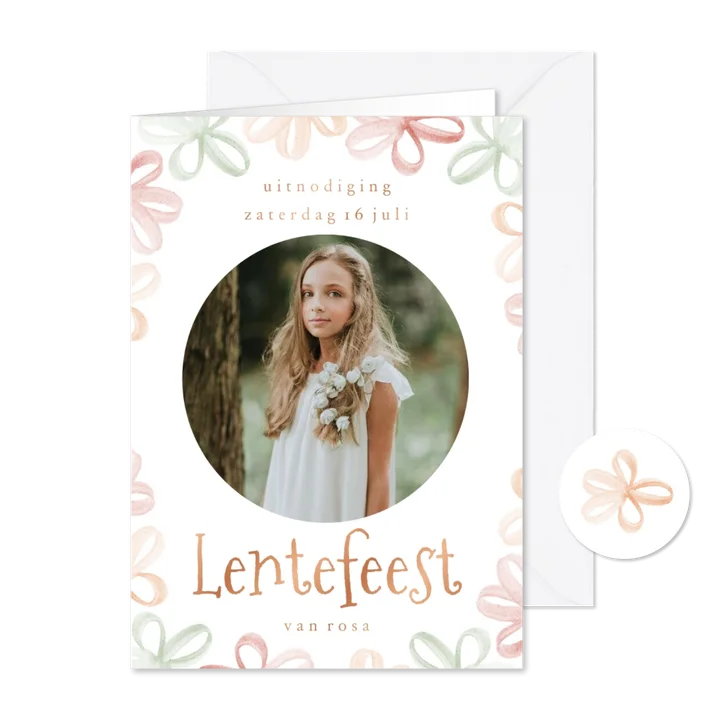 Uitnodiging lentefeest met gekleurde bloemen en foto