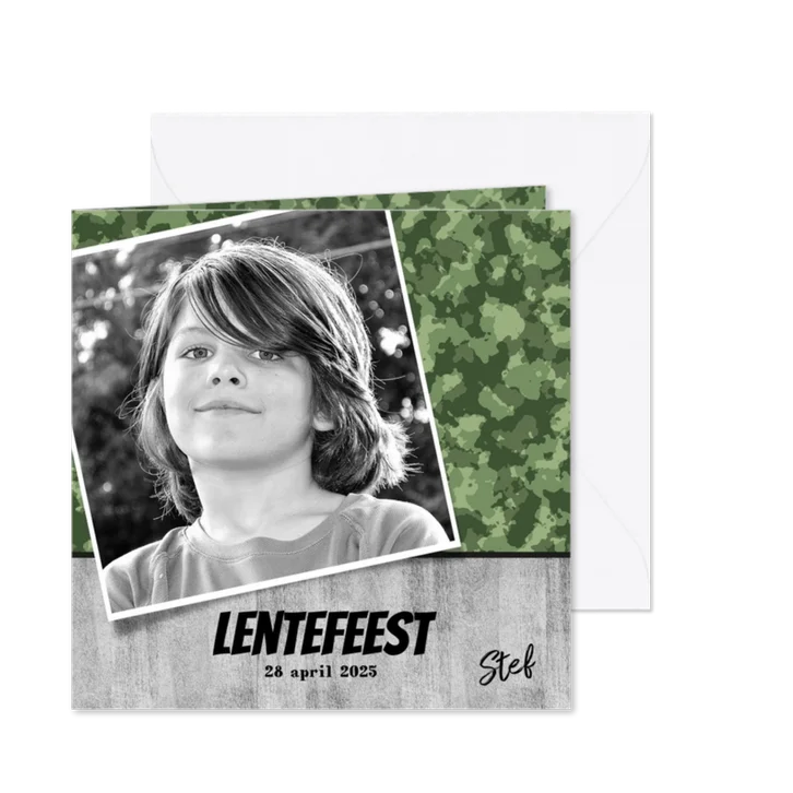 Uitnodiging lentefeest of communie stoere legerprint