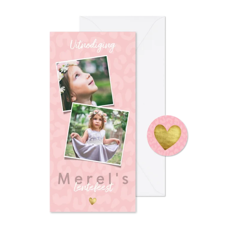 Uitnodiging lentefeest voor meisje met panterprint en hartje