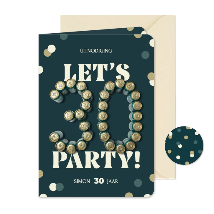 Uitnodiging let's party 30 jaar in bierblikjes