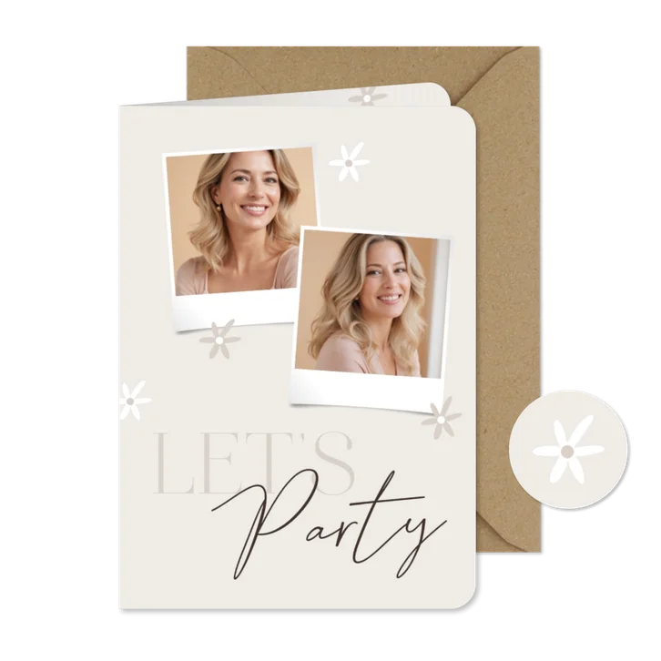 Uitnodiging let's party grijs beige bloemen en twee foto's