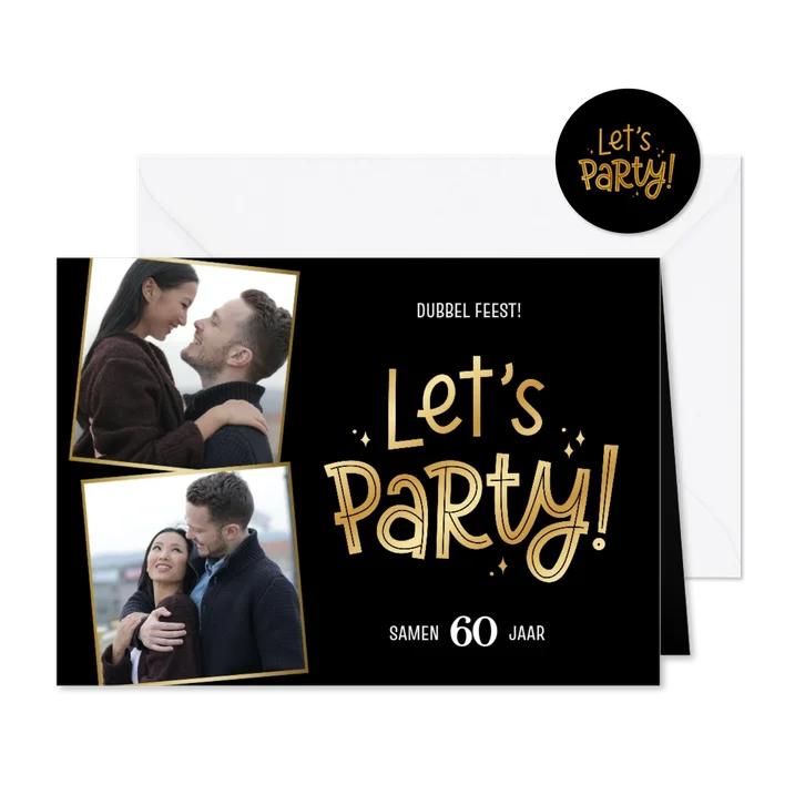 Uitnodiging let's party met goudfolie en foto's