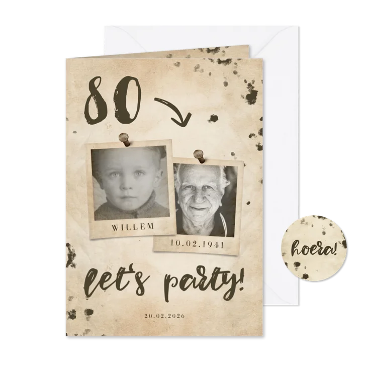 Uitnodiging 'let's party' vintage met leeftijd en foto's