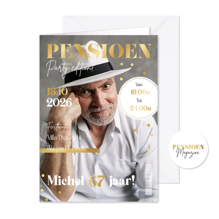 Uitnodiging magazine cover pensioenfeest goud party confetti