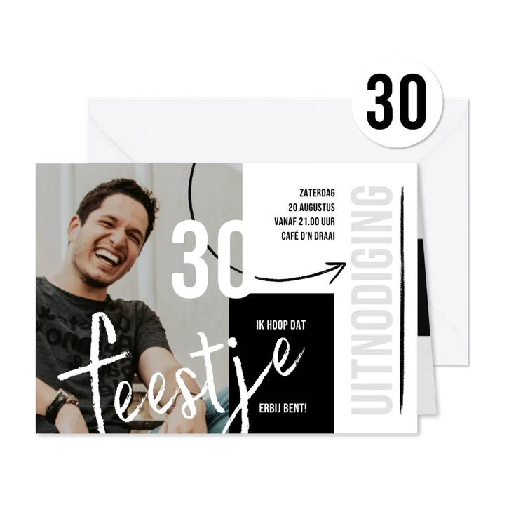 Uitnodiging man 30, zwartwit met foto