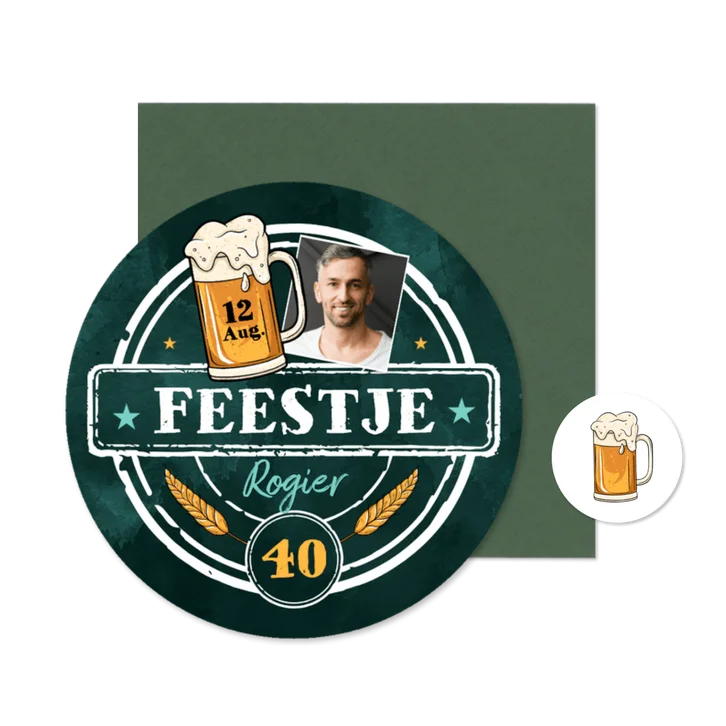 Uitnodiging man 40 jaar bierviltje ronde kaart foto