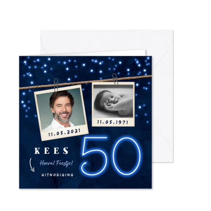 Uitnodiging man 50 jaar neon confetti foto slinger