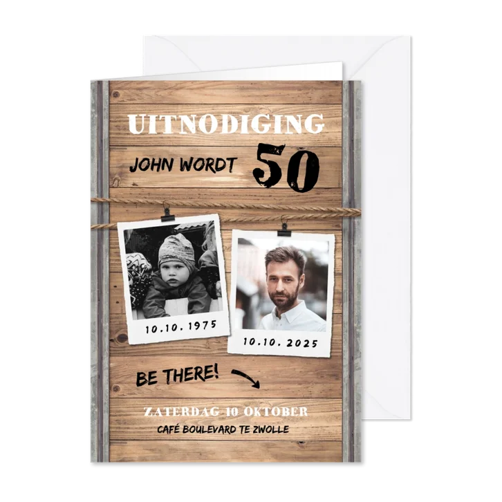 Uitnodiging man industrieel met hout, staal en foto's
